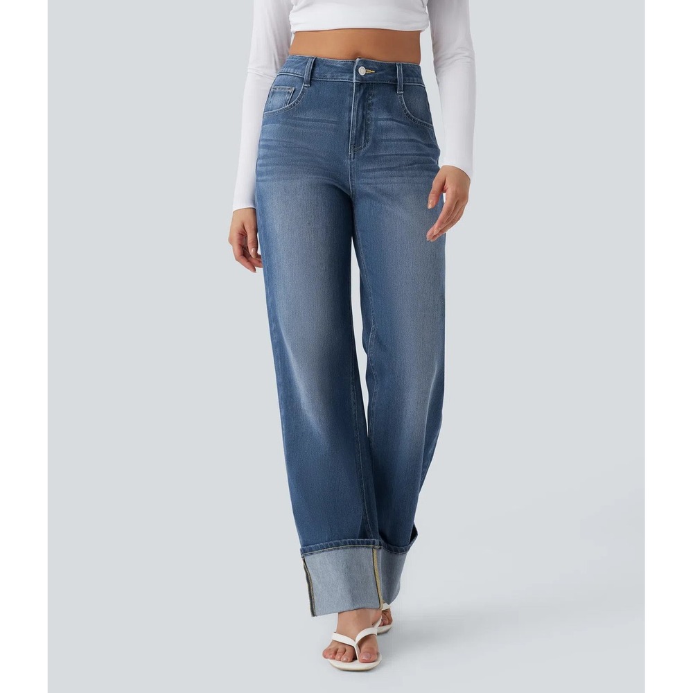 Halara Flex Mid Rise Rolled Hem Casual Straight Leg Jeans Blue Women's Size XL